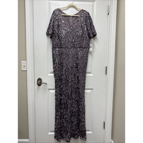 Alex Evenings Plus Size 16W Purple Sequined Short Sleeve Formal Gown Cocktail - Picture 3 of 10
